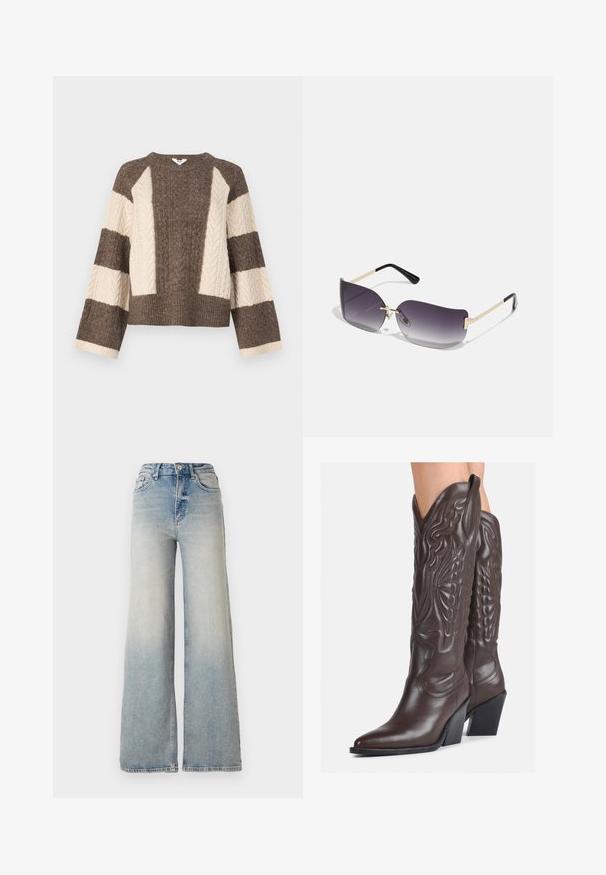 Pull en tricot marron et crème avec un motif de tricot en câble sur les manches, design court et ourlet large côtelé. Col rond, coupe ample.; Jeans large en denim bleu clair, à taille haute, avec cinq poches et couture visible le long des coutures.; Bottes de cowboy en cuir marron avec un bout pointu et un talon bloc, présentant des coutures détaillées et des accents en relief sur la tige.; Lunettes de soleil avec une lentille dégradée grise, une monture en métal doré et des accents en plastique noir. Lentilles uniques en forme de papillon avec des branches fines.; Boucles d'oreilles en forme de créole dorées, fines et rondes, avec une finition métallique lisse et sans embellissements ni motifs.