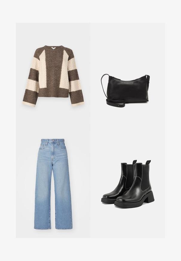 Brun og kremfarget strikket genser med kabelstrikkmønster på ermene, cropped design og bred ribbestrikket kant. Rund hals, løs passform.; Lys blå høytlivs vide jeans med knapp- og glidelås lukking foran, foran og bak lommer, på en hvit bakgrunn.; Sorte lær Chelsea støvler med en kraftig hæl, elastiske sidepaneler og kontrasterende hvid syning. Teksturert overflate.; Svart skinn skulderveske med glatt tekstur, buet form, justerbar stropp og glidelås. Minimalistisk design uten dekorasjoner.