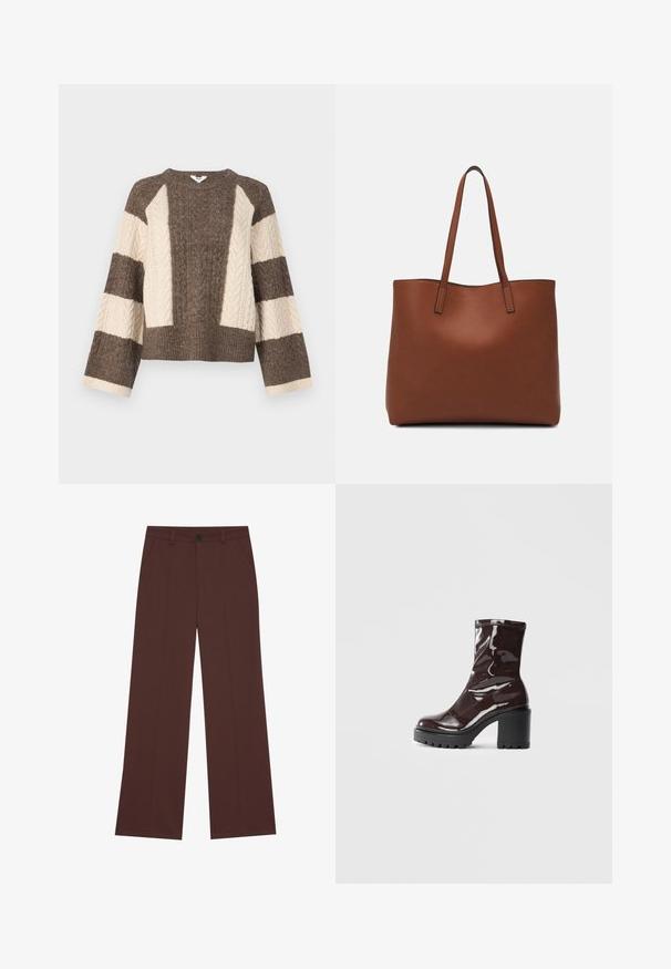 Bruine en crèmekleurige gebreide trui met kabelpatroon op de mouwen, cropped ontwerp en brede geribbelde zoom. Ronde hals, lose fit.; Wijde broekspijp in een rijke bruine stof. Voorzien van een knoopsluiting, twee voorzakken, een soepele textuur en strakke lijnen.; Glanzende bordeauxrode enkelboot met een chunky zwarte hak, met een gladde textuur en een eenvoudig ontwerp. Geen zichtbare sluitingen of patronen.; Bruine leren tote bag met een gladde textuur, een ontwerp met een open bovenkant en twee schouderbanden. Kenmerkt zich door minimale stiksels en geen zichtbare hardware.