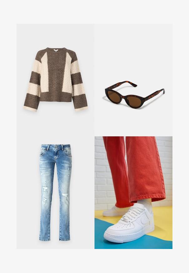 Pull en tricot marron et crème avec un motif de tricot en câble sur les manches, design court et ourlet large côtelé. Col rond, coupe ample.; Jeans en denim bleu clair avec une coupe décontractée, présentant des détails usés, une braguette à boutons avec deux boutons et des jambes droites.; Baskets blanches en cuir avec une boîte à orteils perforée, semelle texturée et lacets blancs, associées à un large pantalon rouge et un fond bleu et jaune.; Lunettes de soleil en écaille de tortue marron avec une forme vintage de lunettes cat-eye et des verres marron. Présente des branches courbées avec des accents rouges.; Boucles d'oreilles en or avec une finition lisse et brillante. Design circulaire présentant un petit clou et une attache transparente pour un port sécurisé.