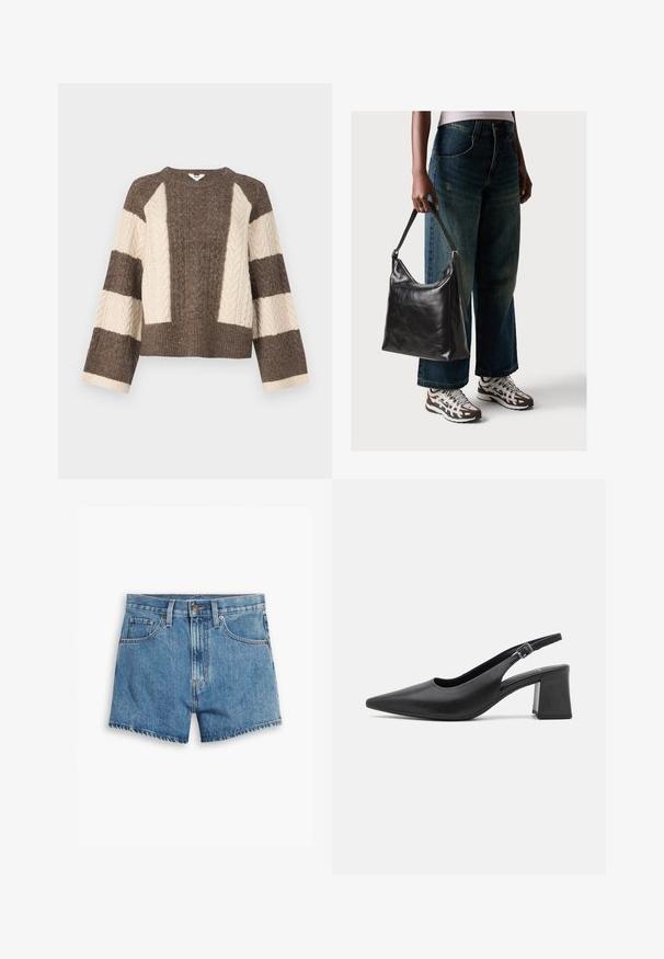 Pull en tricot marron et crème avec un motif de tricot en câble sur les manches, design court et ourlet large côtelé. Col rond, coupe ample.; Shorts en denim bleu clair, comportant cinq poches, un zip et un bouton de fermeture. L'ourlet est effiloché, avec une coupe décontractée.; Chaussure à talon en cuir noir, à dos nu, avec un bout pointu et un large talon bloc. Elle dispose d'une sangle réglable avec une boucle en métal.; Sac à bandoulière en cuir noir avec une texture lisse et une bandoulière réglable, associé à un jean ample décoloré et des baskets de sport.