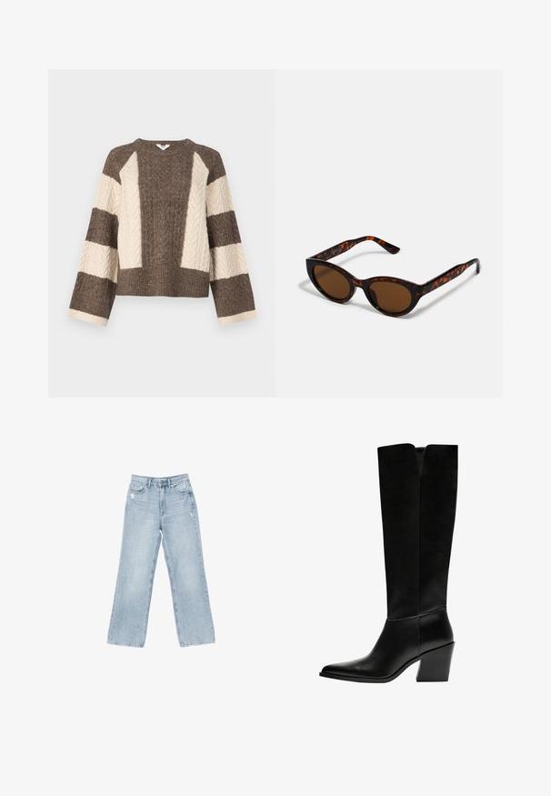 Brauner und cremefarbener gestrickter Pullover mit Zopfmuster an den Ärmeln, verkürztem Design und breitem Rippbund. Rundhalsausschnitt, lockere Passform.; Hellblaue Jeans aus Denim mit weiter Beinform, mit Used-Details, fünf Taschen und einem Reißverschluss.; Schwarze kniehohe Stiefel aus glattem Leder, mit spitzem Schuhbund, einem Blockabsatz und einem V-förmigen Ausschnitt an der Oberseite.; Braune Schildpatt-Sonnenbrille mit einer Vintage-Cat-Eye-Form und braunen Gläsern. Verfügt über gebogene Bügel mit roten Akzenten.