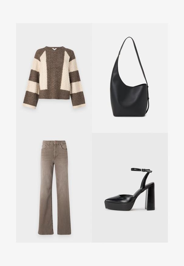 Brauner und cremefarbener gestrickter Pullover mit Zopfmuster an den Ärmeln, verkürztem Design und breitem Rippbund. Rundhalsausschnitt, lockere Passform.; Braune hoch taillierte Straight-Leg-Jeans mit vorderem Knopf, Gürtelschlaufen und klassischem Fünf-Taschen-Design auf weißem Hintergrund.; Schwarze Plateau-High Heels mit spitzem Zeh und verstellbarem Knöchelriemen. Gefertigt aus glattem Leder und mit einem klobigen Blockabsatz.; Schwarze Leder-Hobo-Tasche mit einer glatten Textur, geschwungener Form und einem einzelnen verstellbaren Tragegurt; verfügt über eine weite Öffnung am oberen Ende.