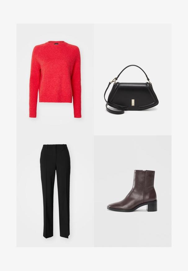Red wool sweater with a round neckline, ribbed cuffs, and hem. Features a textured finish, providing warmth and a casual fit.; Black tailored trousers with a straight-leg design, featuring a smooth texture and crisp creases along the front. No visible hardware.; Dark brown leather ankle boot with square toe, block heel, and subtle embossed logo near top on a plain white background.; Black leather handbag with a structured design, featuring a cropped shape, top handle, and gold hardware accent. Adjustable shoulder strap included.