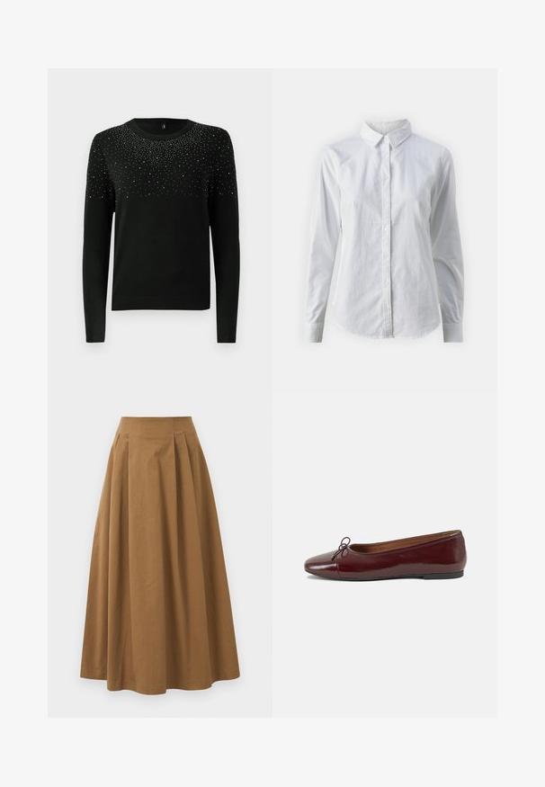 Zwarte trui met lange mouwen, ronde halslijn en een gradient van zilveren versieringen aan de bovenkant. Ribgebreide onderkant en manchetten. Zachte textuur.; Witte overhemd met knopen van glad katoen, met een klassieke kraag, lange mouwen en een afgeronde zoom. De knopen zijn klein en wit.; Bruine katoen A-lijn rok met een hoge taille, voorzien van plooien aan de voorkant en een gladde textuur. De zoomafwerking is schoon en eenvoudig.; Bordeaux gepatenteerd lederen ballerina met een ronde neus, een klein strikaccent aan de voorkant en een lage, zwarte rubberen zool. Glad textuur.