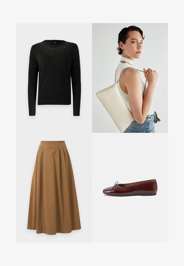 Mustat neulepaita pitkillä hihoilla, pyöreällä kaula-aukolla ja hopeanväristen koristeiden gradientilla ylhäällä. Värivahvistettu helma ja hihansuut. Pehmeä rakenne.; Ruskea puuvillainen A-linjainen hame korkealla vyötäröllä, jossa on laskokset edessä ja sileä pinta. Helma on viimeistelty siististi ja yksinkertaisesti.; Burgundin värinen lakattu nahkainen ballerinatossu pyöreällä varvaskärjellä, pienen nauhan yksityiskohdalla edessä ja matalalla mustalla kumipohjalla. Sujuva pinta.; Valkoinen suorakulmainen clutch-laukku, joka on valmistettu kiiltävästä materiaalista ja jossa on hopeinen ketjuolkahihna. Malli poseeraa laukku käsivarsillaan yksinkertaista taustaa vasten.