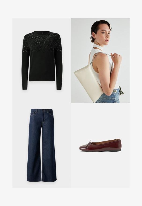 Fekete pulóver hosszú ujjakkal, kerek nyakkivágással, az elején ezüst díszítések graduális elrendezésével. Bordás alj és mandzsetta. Puha tapintás.; Sötét kék farmer széles lábú nadrág. Kontrasztos varrással, öt zsebhálóval és gombos derékzárással rendelkezik. Simás textúra.; Burgundi lakkbőr balettcipő kerek orral, elöl kis masni díszítéssel és alacsony, fekete gumi talppal. Simára csiszolt felület.; Fehér, téglalap alakú, fényes anyagból készült clutch táska, ezüst láncos pánttal. A modell pózol, bemutatva a táskát egy egyszínű háttér előtt.
