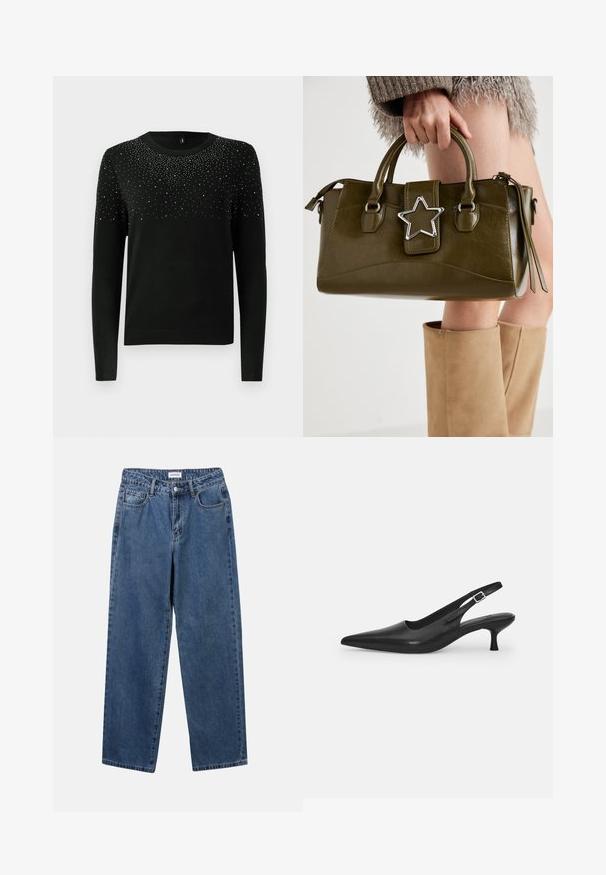 Zwarte trui met lange mouwen, ronde halslijn en een gradient van zilveren versieringen aan de bovenkant. Ribgebreide onderkant en manchetten. Zachte textuur.; Klassieke blauwe denim jeans met een rechte pijp, vijf zakken en een knoopsluiting. Heeft een middelgrote wasbeurt en stevige textuur.; Zwarte leren slingback schoen met een puntige neus en een slanke, gebogen hak. Voorzien van een discrete verstelbare band met een metalen gesp.; Olijf groen neplederen handtas met zilveren steraccent, dubbele handvatten en een ritssluiting. Gelaagd oppervlak en gestructureerde vorm.