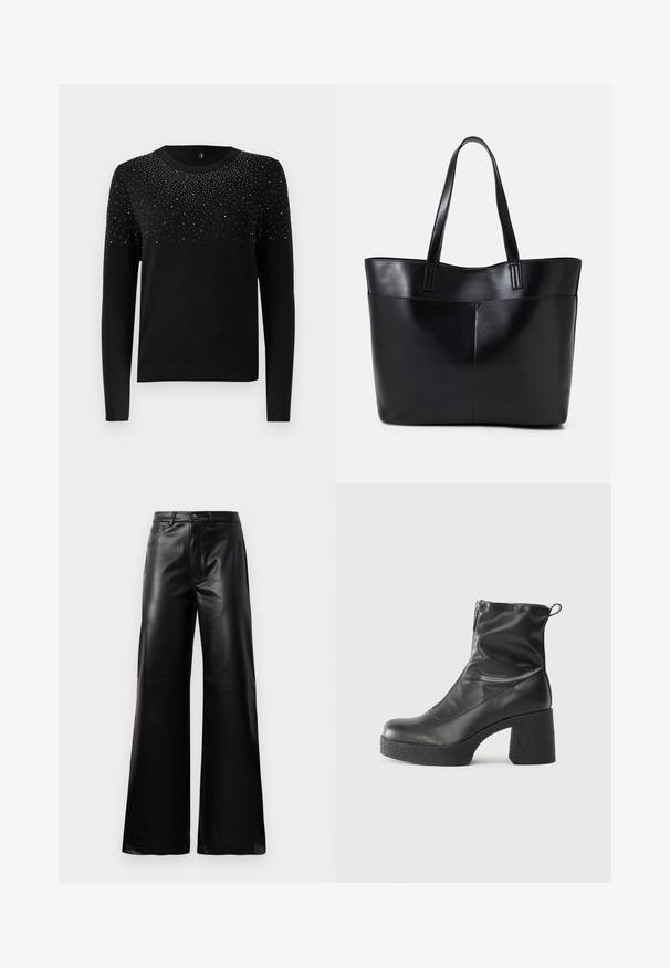 Mustat neulepaita pitkillä hihoilla, pyöreällä kaula-aukolla ja hopeanväristen koristeiden gradientilla ylhäällä. Värivahvistettu helma ja hihansuut. Pehmeä rakenne.; Mustat korkeat leveät keinonahkahousut, joissa on etupainike, vetoketjukiinnitys, vyölenkit ja sivutaskut valkoista taustaa vasten.; Mustat nilkkurit, jotka on valmistettu sileästä nahasta. Niissä on sivuvetoketju, paksu teksturoitu korko ja pyöristetty kärki.; Musta nahkainen kassi, jossa on kaksi pitkää kahvaa, sileä pinta ja jämäkkä muoto. Sisältää etutaskun lisävarastointia varten.