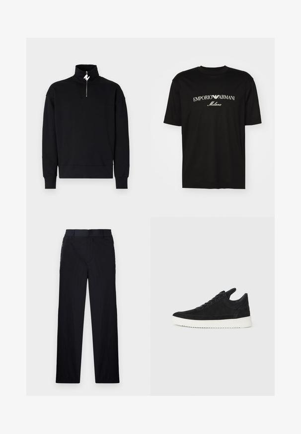 Black sweatshirt with a high collar and half-zip closure. Soft fabric, relaxed fit, and ribbed cuffs. No patterns or additional accents.; Black cotton T-shirt featuring a round neckline, short sleeves, and "EMPORIO ARMANI" logo in white above "Milano" in a curved design.; Black trousers featuring a lightweight, textured fabric, straight-leg design, elastic waistband, and side zip pockets.; Black suede sneaker with a white rubber sole, featuring tonal stitching and lace-up design. Smooth texture with a modern, streamlined shape.