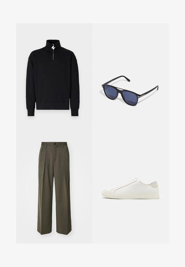 Zwarte sweatshirt met een hoge kraag en een halve rits. Zacht materiaal, relaxte pasvorm en geribbelde manchetten. Geen patronen of extra accenten.; Filippa K WIDE TROUSERS - Broek - driftwood; Witte leren sneaker met een gladde oppervlakte, ronde neus en minimalistisch ontwerp. Heeft beige accenten op de hiel en een rubberen zool.; Zonnebril met een zwart plastic montuur, blauw getinte glazen, een iets ronde vorm en zilveren metalen accenten op de pootjes.