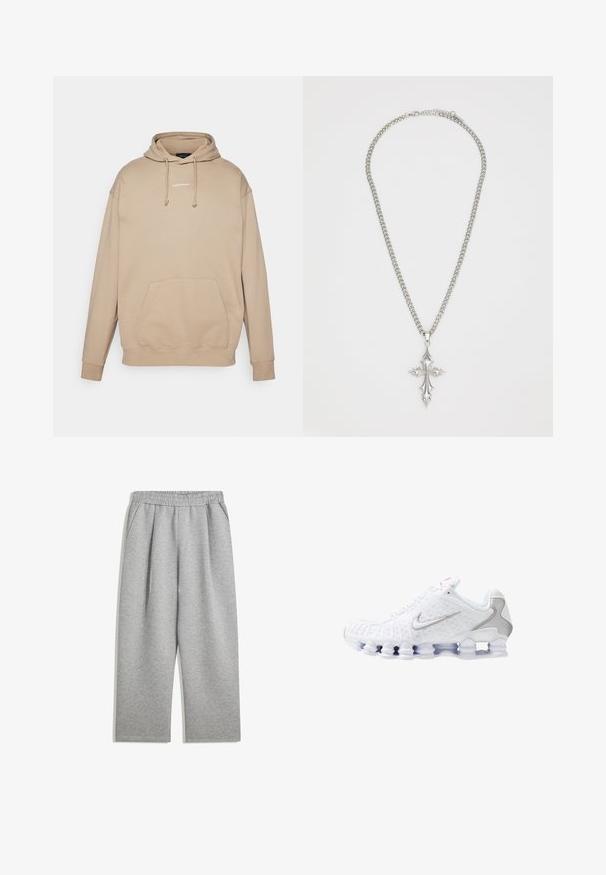 Felpa beige con tasca a marsupio, coulisse e logo bianco sul petto. Materiale in cotone morbido con polsini e orlo a costine.; Pantaloni da tuta grigi chiari con vita elastica e tasche laterali, gamba dritta, realizzati in tessuto morbido.; Scarpe da ginnastica bianche con tomaia testurizzata, logo a forma di swoosh argentato, pannelli in mesh e suola bianca segmentata distintiva.; Collana in argento con un grande pendente a croce ornato, caratterizzato da dettagli appuntiti e una finitura lucida. La catena è spessa e piatta.