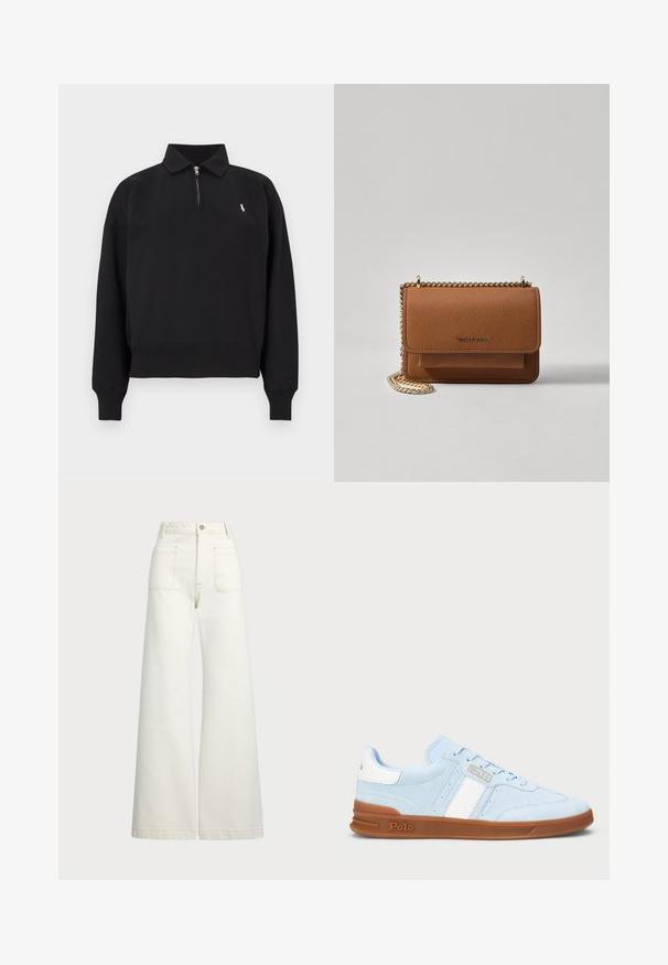 Svart genser med halv glidelås, krage, lange ermer og ribbestrikkede mansjetter. Har en liten hvit logo på venstre bryst.; Vidde bukser i off-white denim. Høyt liv-design med knappelukking, to frontlommer og kontrastsøm detaljer.; Lys blå mokkasinsneaker med en hvit stripe, gummisåle og logodetalj. Flate lisser og polstret tunge øker komforten.; Brun teksturert lær crossover-veske med gullkjede-stropp og klaffelukking. Fronten har logo-detalj og en lomme under klaffen.