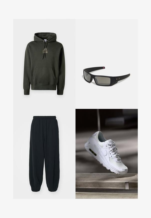 Sötétzöld kapucnis pulóver kenguruzsebbel, állítható fűzővel ellátott kapucnival és kis arany grafikával a mellrészen. Puha anyag ribbelt mandzsettákkal.; Fekete, rugalmas derékpántos melegítőnadrág, laza fit, véget érő szárakkal, sima textúrával, látható minták vagy hardver díszek nélkül.; Fehér Nike Air Max 90 sneaker, amely hálós és bőr felsőrésszel, perforált orr-résszel és látható légpárnás egységgel rendelkezik a saroknál.; Fekete napszemüveg matt felülettel, téglalap alakú lencsékkel, enyhe ívvel a templomokon, diszkrét logó részlettel és füstszínű lencsékkel.