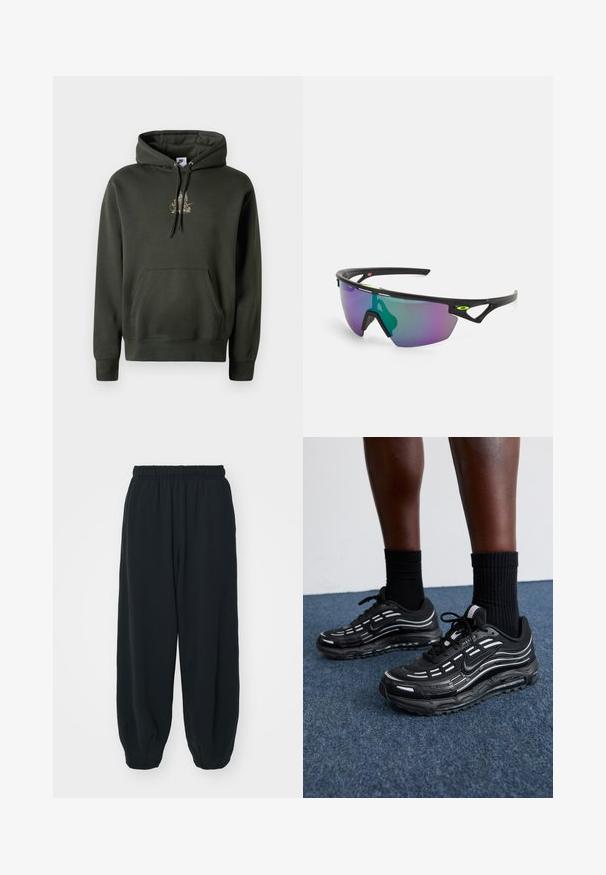 Hanorac verde închis cu buzunar tip kangaroo, glugă ajustabilă cu șnur și un mic grafic aurit pe piept. Țesătură moale cu manșete curbate.; Pantaloni de trening negri, cu talie elastică, cu o croială lejeră, la baza pantaloni fiind strânși, având o textură netedă și fără modele sau accente metalice vizibile.; Pantofii negri Nike au un superior din plasă cu dungi accentuate, șireturi texturate și o talpă din cauciuc negru. Purtați cu șosete negre cu model rib. ; Ochelari de soare sport cu ramă neagră, lentilă mare cu gradient ce prezintă nuanțe de mov și verde, și accente de design unghiular cu detaliu de logo.