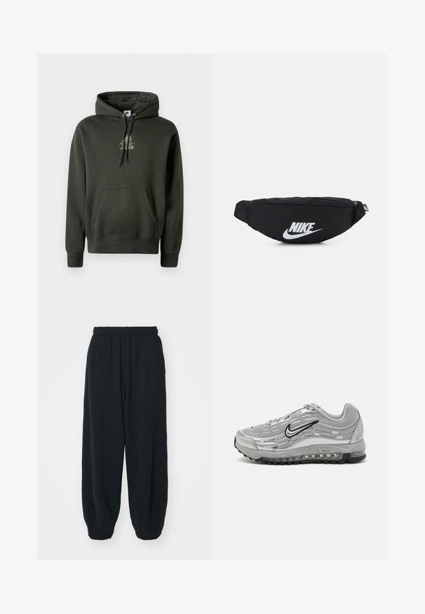 Temnozeleni kapucar z kenguru žepom, nastavljivim kapućem i malim zlatnim grafikonom na grudima. Mehak material z rebrastimi manžetami.; Črne, elastične hlače za prosti čas z ohlapnim krojem, manšetami na gležnjih, gladko teksturo in brez vidnih vzorcev ali dodatkov.; Sive Nike Air Max športni copati z mrežastim in sintetičnim zgornjim delom, valovitim dizajnom, črnimi detajli in vidno enoto za zračno blazinjenje.; Črna najlon fanny pakica z zadrgo, ki ima velik bel Nike logotip. Gladka tekstura in ergonomska zasnova za udobno nošenje.
