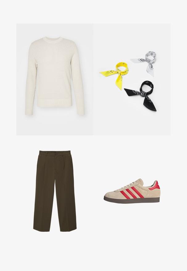 J.LINDEBERG OLIVER STRUCTURE - Pullover - moonbeam; Pantalons marron à coupe loose en tissu doux, avec un devant plat, des poches latérales et une fermeture à bouton à la taille. Design uni sans motifs.; Baskets en suède beige avec des rayures et des accents rouges, bout rond et semelle en caoutchouc brun texturé. Dotées d'un design à lacets et d'un détail de logo.; Trois bandanas : un jaune avec des motifs noirs, un blanc avec des motifs noirs, et un noir avec des graphiques blancs. Tous sont carrés et en tissu léger.