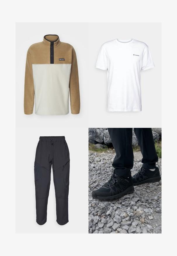 Columbia STEENS MOUNTAIN™ HALF SNAP - Fleecegenser - dark stone/delta/black; Hvit bomulls t-skjorte med korte ermer, rund hals og en liten svart Columbia-logo på venstre bryst. Mykt, enkelt design.; Sorte cargo bukser laget av et lett, vannavvisende materiale; har elastisk midje, flere glidelåslommer og smale ben.; Sorte utendørssko i svart med mesh og syntetisk materiale, med en teksturert overdel, sikret snøresystem og en robust såle, på steinete terreng.