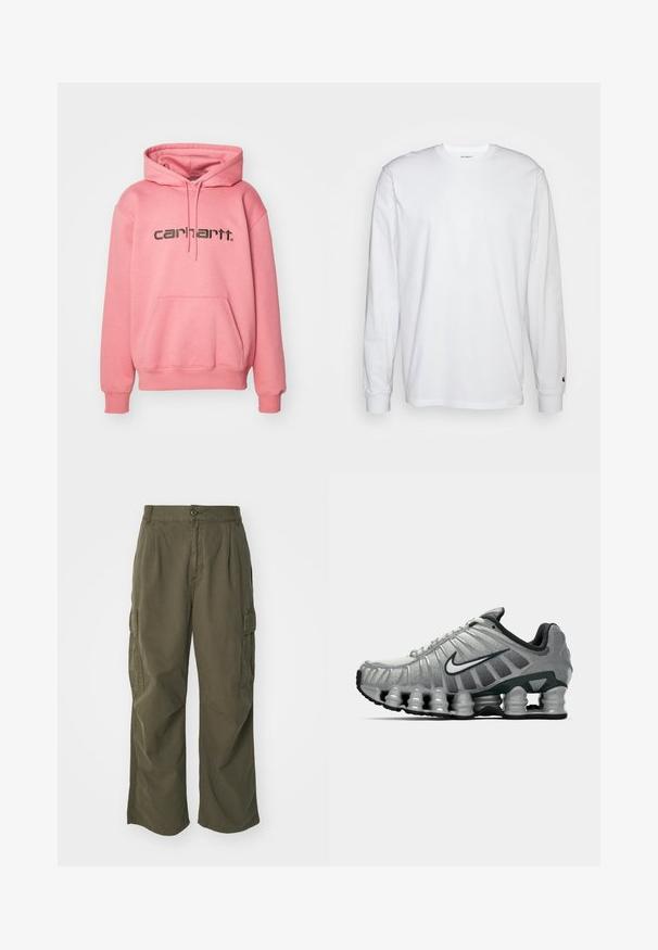 Carhartt WIP HOODED - Sweatshirt com capuz - dusty rose/sycamore tree; T-shirt de mangas longas branca feita de algodão. Design de gola redonda com punhos canelados e um pequeno logotipo na manga esquerda. Textura suave.; Calças cargo em verde oliva, feitas de algodão, com um design de perna larga, pregas e bolsos laterais para utilidade.; Sapatilha de corrida Nike cinza e preta com um sistema de amortecimento semelhante a molas visível sob a sola e um logo swoosh branco na lateral.