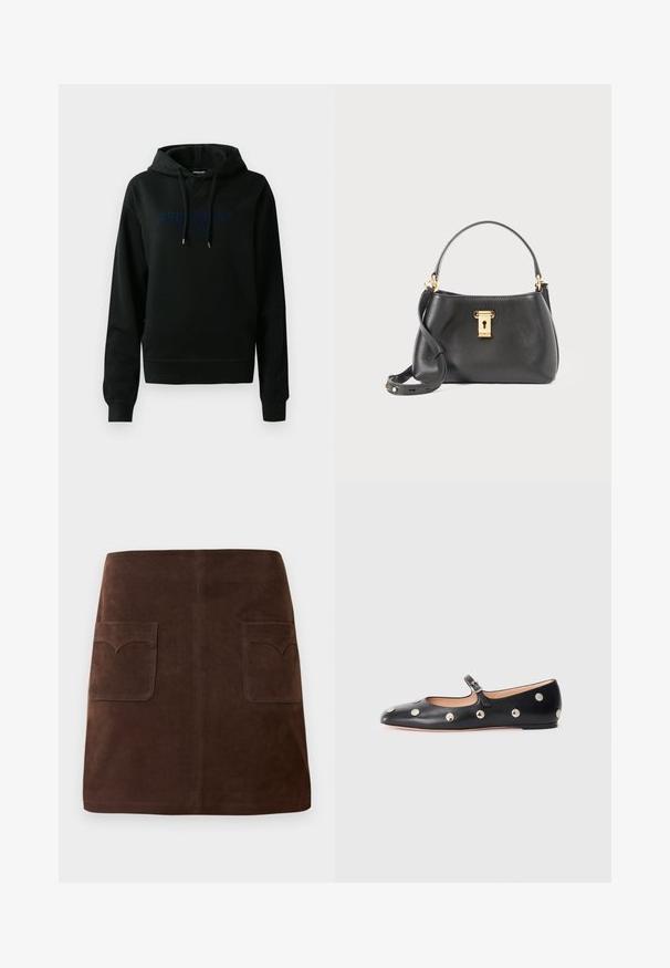 Črna kapuca iz mešanice bombaža; ima sprednji logotip v temno modri barvi, kapuco s vrvicami ter rebraste manšete in spodnji del. Gladka tekstura.; Rjava nubukova krila, ki vsebujejo klasično A-linijo, dve sprednji žepi z zaobljenimi poklopci in subtilne šivane detajle.; Črne usnjene Mary Jane balerinke z zaobljenim noskom, opremljene z zlatimi krožnimi mošnjo in nastavljivim trakom z zaponko.; Črna usnjena torbica z teksturirano površino, ki ima zlati zaklep, kratek ročaj in snemljivi ramenski trak.