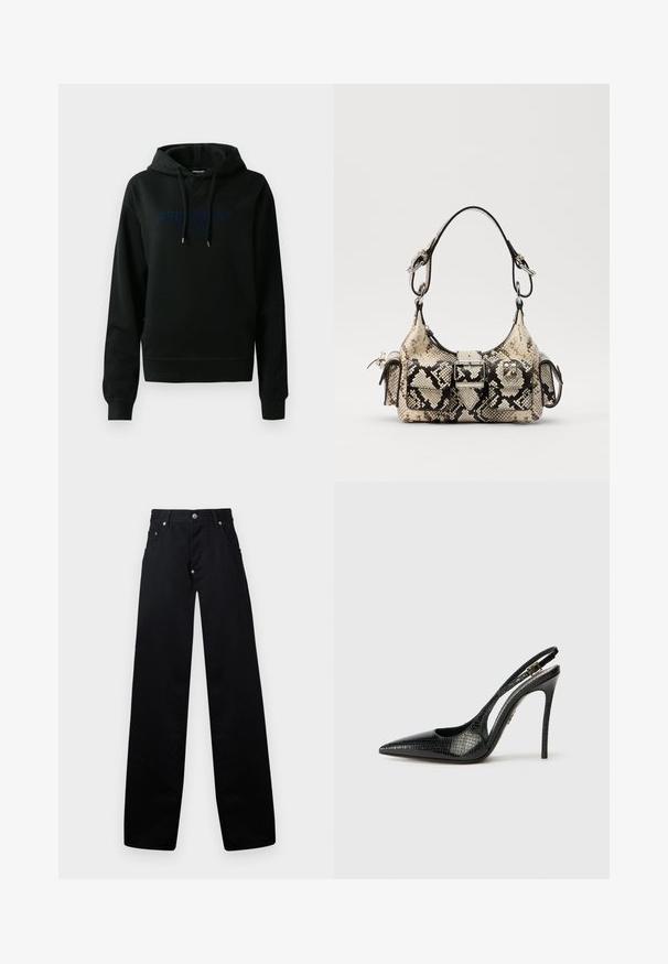 Sweat à capuche noir en mélange de coton ; présente un logo frontal en bleu foncé, une capuche avec cordon de serrage et des poignets et un ourlet côtelés. Texture lisse.; Pantalons larges noirs en coton, avec une fermeture éclaire, deux poches avant et un design classique à cinq poches avec des accents en métal.; Pompe noire à bride arrières avec un orteil pointu, motif serpent texturé, talon aiguille et une boucle décorative sur la bride.; Sac à main Python en beige et noir, avec une forme structurée, un détail à boucle et des doubles poignées. Surface texturée.