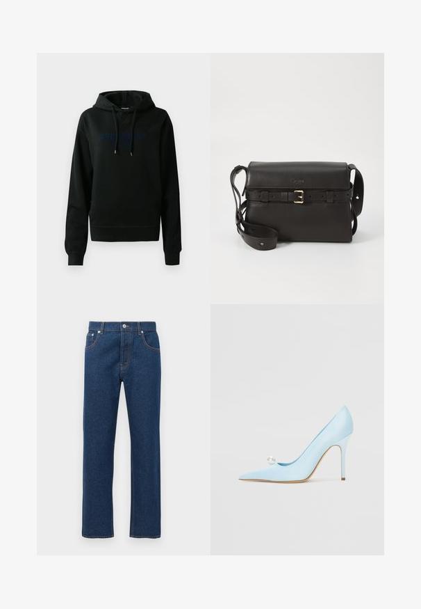Zwarte hoodie van een katoenmix; heeft een logo aan de voorkant in donkerblauw, een trekkoordkap en ribgebreide manchetten en onderrand. Soepele textuur.; Rechtonige donkerblauwe denim jeans met voor- en achterzakken, riemlussen, knoopsluiting en zichtbare oranje stiksels.; GIABORGHINI Hoge hakken - blue; Zwarte leren handtas met een gestructureerde vorm. Voorzien van een gouden gespaccent, verstelbare schouderriem en een gladde textuur. Minimalistisch ontwerp.