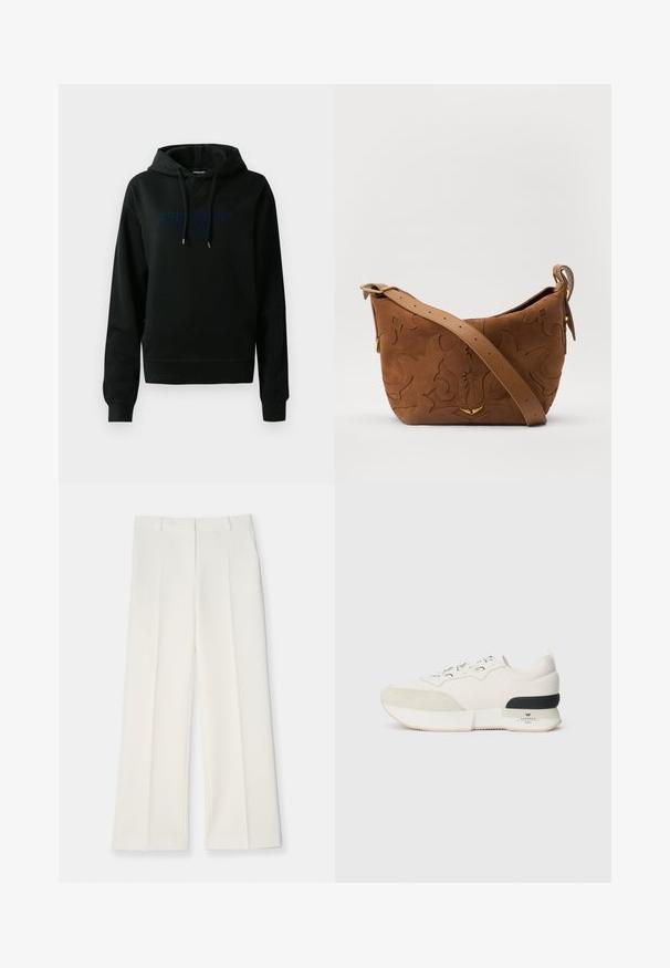 Sweat à capuche noir en mélange de coton ; présente un logo frontal en bleu foncé, une capuche avec cordon de serrage et des poignets et un ourlet côtelés. Texture lisse.; Pantalons évasés en tissu crème clair, avec une texture lisse, des plis sur le devant et deux poches latérales. Design de taille ajustée.; Baskets blanches avec un capuchon en suède texturé, un upper en mesh lisse, des lacets décoratifs, et un accent de talon en caoutchouc noir.; Sac à épaule en suede marron avec un motif floral en relief, complété par une bandoulière en cuir marron lisse et des accents en métal doré.