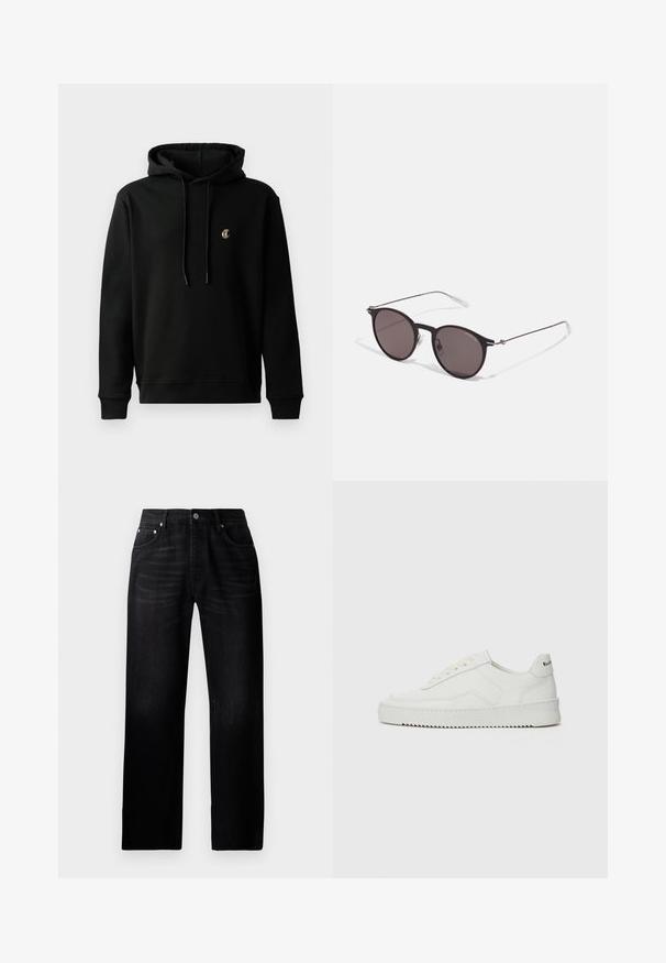 Schwarzer Hoodie aus Baumwollmischung, mit einer vorderen Kängurutasche, Kapuze mit Kordelzug und kleinem gesticktem Logo auf der Brust.; Schwarze gerade Jeans aus Denim mit einer verblassten Textur, Fünf-Taschen-Design und einem Metallknopfverschluss am Bund.; Weiße Ledersneaker mit glatter Oberfläche, runder Zehenpartie, flachen Schnürsenkeln und strukturiertem Sohlenprofil. Mit einem dezenten Logo an der Ferse.; Schwarze runde Sonnenbrille mit dunklen Gläsern und schlanken Metallbügeln. Enthält klare Tempelspitzen und silberne Akzente am Scharnier. Minimalistisches Design.