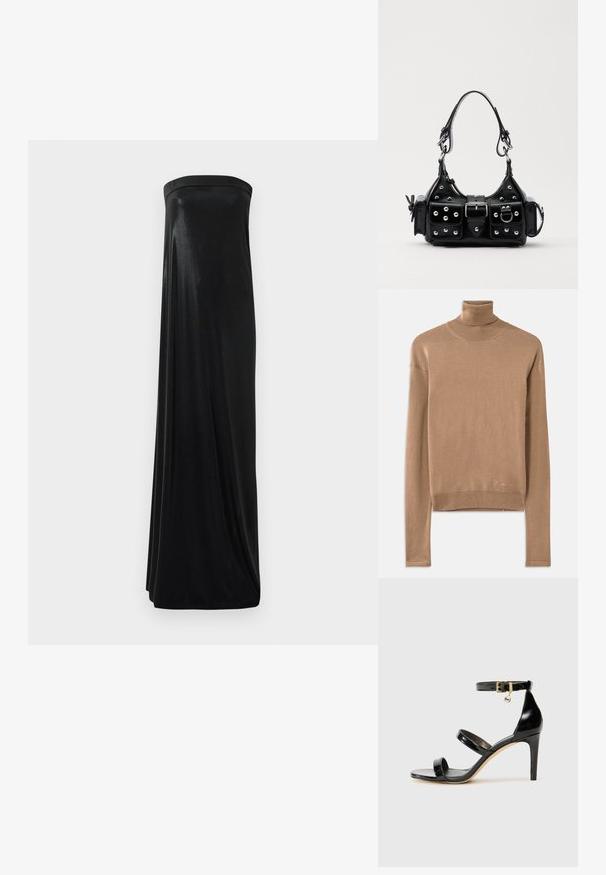Pull en maille beige à col roulé avec des manches longues, un col et un ourlet côtelés, et un petit logo brodé près du bas.; Robe maxi noire sans bretelles en tissu lisse et brillant. Présente un corsage ajusté et une silhouette fluide, atteignant le sol sans embellissements.; Sandale en cuir verni noir avec trois brides, boucle de cheville et talon aiguille de 10 cm. Présente un détail en métal doré et un charm logo.; Sac à main en cuir noir au design courbé, avec des clous en argent, une boucle et deux poches latérales. Bandoulière réglable pour différentes options de transport.