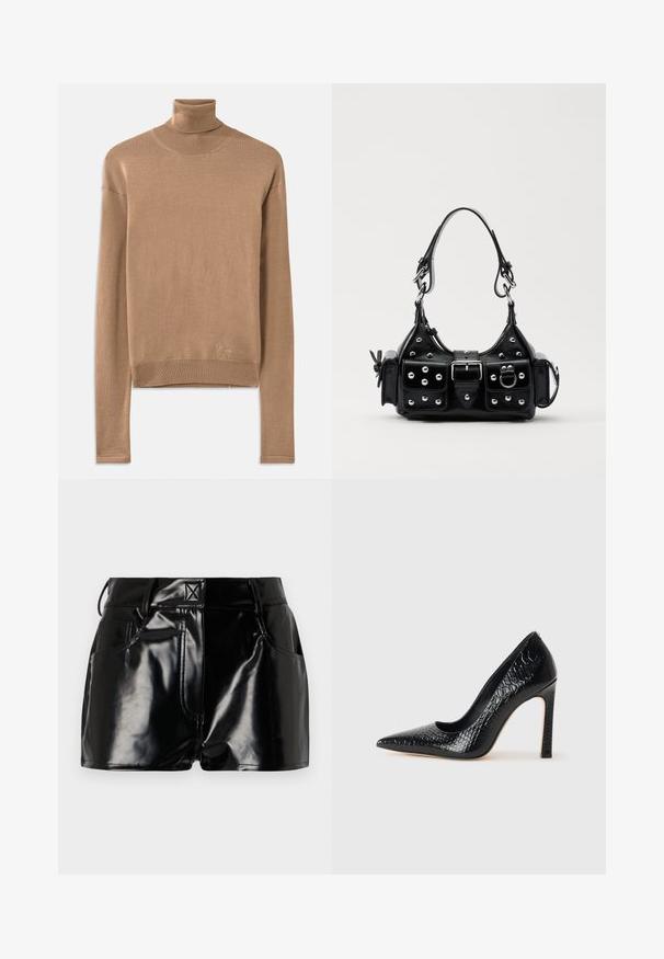 Beige kötött garbós pulóver, hosszú ujjakkal, bordás nyakkal és aljjal, finom logó hímzéssel az alján.; Fekete, fényes sort szintetikus anyagból. Jellemzője a fitted derék, övhurkok és elülső zsebek jellegzetes varrási részletekkel.; Fekete hegyes orrú magassarkú cipő krokodilbőr textúrával, letisztult dizájnnal, magas tűsarkú és sima fekete belső résszel.; Fekete bőr kézitáska ívelt designnal, ezüst szegecsekkel, csattal és két oldalsó zsebbel. Állítható vállpánt a hordozási lehetőségekhez.