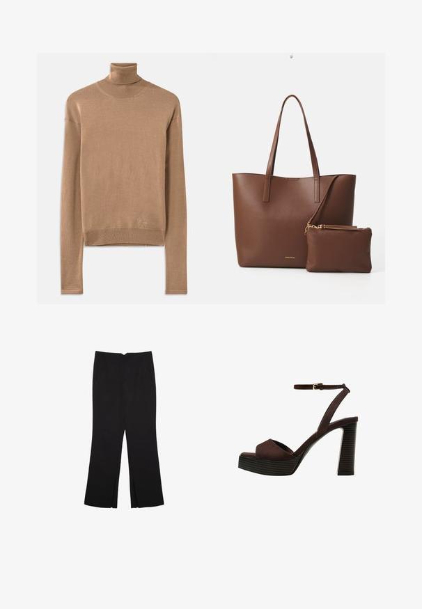 Beige knitted turtleneck sweater featuring long sleeves, a ribbed collar and hem, with subtle logo embroidery near the bottom.; Black trousers with a straight fit, featuring front pockets and side slits at the hem. Made of soft, smooth fabric. Suitable for various occasions.; Brown suede high-heeled sandal with an open toe, adjustable ankle strap, and a striped platform sole.; Brown faux leather tote bag with two long handles and a matching small pouch. The surface features a textured pattern and gold hardware accents.