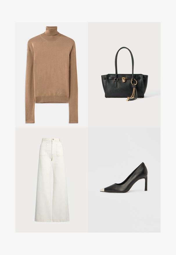 Pull en maille beige à col roulé avec des manches longues, un col et un ourlet côtelés, et un petit logo brodé près du bas.; Jeans large en denim écru. Design taille haute avec une fermeture à bouton, deux poches avant et des détails de surpiqûres contrastantes.; Chaussure à talon haut en cuir noir avec bout pointu et capuchon argenté métallique. Présente une finition lisse et un talon fin de 10 cm.; Sac à main en cuir noir avec double anses, serrure dorée et détails en chaîne, et accessoire à pompon noir et blanc sur fond blanc.