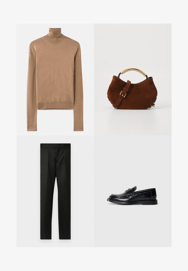 Beige knitted turtleneck sweater featuring long sleeves, a ribbed collar and hem, with subtle logo embroidery near the bottom.; Black trousers featuring a smooth fabric, tailored design, straight legs, and a flat waistband with no visible closures or pockets.; Black leather loafer featuring a stitched design, a small front flap, and a flat rubber sole. Smooth texture with gold-tone hardware accent.; Brown suede handbag with a curved gold-tone handle, adjustable strap, and soft texture. Features minimalistic design and no visible hardware.