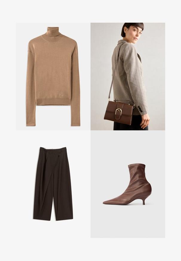Beige gebreide coltrui met lange mouwen, een ribbelkraag en -zoom, met subtiele logo borduursel dicht bij de onderkant.; Donkere bruin wijde broek met een hoge taille, voorzien van een enkele knoopsluiting en een geplooide voorkant. Gemaakt van lichtgewicht stof.; Bruine pointed-toe enkellaars met een mid-height kitten heel en een bovenkant van zacht, glad leer tegen een lichte achtergrond.; Bruine leren schoudertas met een gouden hardwaregesp, rechthoekige vorm, een gladde textuur en een afneembare schouderband.