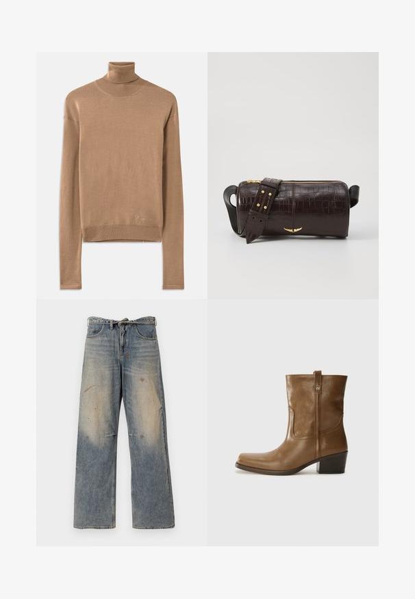 Bežani pleteni pulover s visokim ovratnikom koji ima dugi rukav, rebrasti ovratnik i rub, s suptilnom izvezenom oznakom blizu dna.; Svjetloplave traperice s opuštenim, ravnim krojem. Imaju izgužvane, izblijedjele i oštećene detalje u blizini koljena. Klasičan stil s pet džepova.; Smeđa kožna cipela do gležnja sa četvrtastim vrhom, teksturiranim finišem i niskim složenim potpeticom. Ima stražnju petlju za navlačenje i suptilne detalje šivanja.; Smeđa torba od kože s embosiranim krokodilskim uzorkom, cilindričnog oblika, zlatne hardverske detalje i odvojivu naramenicu sa čavlima.