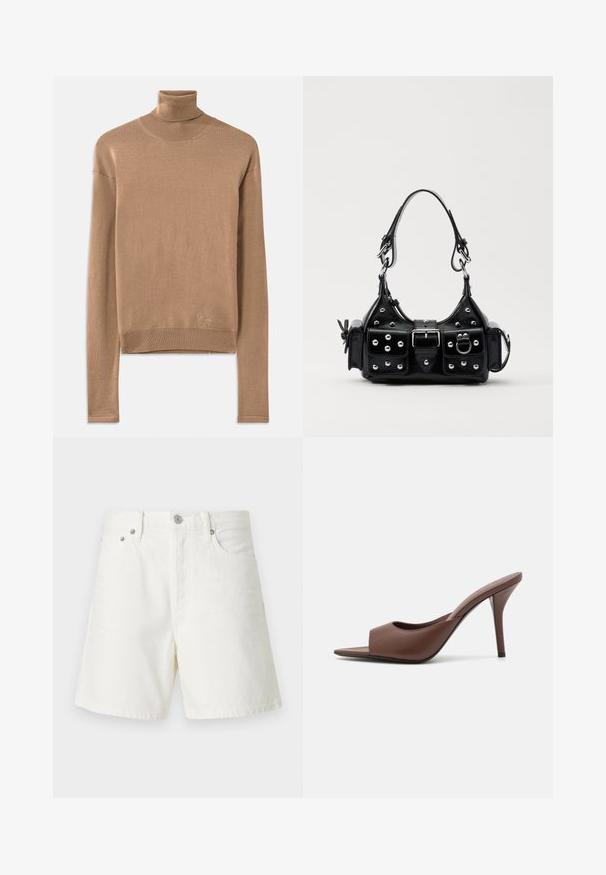 Beige kötött garbós pulóver, hosszú ujjakkal, bordás nyakkal és aljjal, finom logó hímzéssel az alján.; Fehér farmer sort egyenes szabással, öt zsebbel, elülső gombos záródással, ezüst színű fémrészletekkel és varrt díszítéssel.; Barna bőr nyitott orrú magassarkú papucs, letisztult dizájnnal, széles elülső pánttal és karcsú stiletto sarokkal.; Fekete bőr kézitáska ívelt designnal, ezüst szegecsekkel, csattal és két oldalsó zsebbel. Állítható vállpánt a hordozási lehetőségekhez.