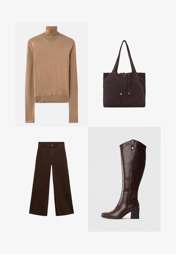 Beige gebreide coltrui met lange mouwen, een ribbelkraag en -zoom, met subtiele logo borduursel dicht bij de onderkant.; Bruine wijde broek in katoenmix, met een rafelige zoom, sluiting met een knoop aan de voorkant en een klassieke vijf-pocketstijl. Minimalistisch en veelzijdig.; Bruine leren kniehoge laars met een blokhak, een gladde textuur, een ronde neus en decoratieve goudkleurige hardware aan de bovenkant.; Mango Shopper - dark brown
