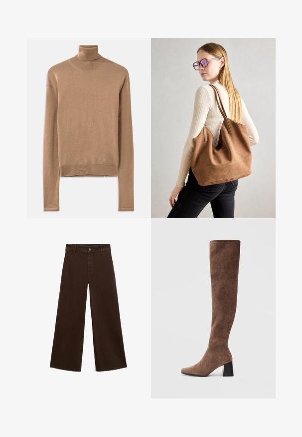 Suéter de punto beige con cuello alto, mangas largas, un cuello y dobladillo de canalé, y un sutil bordado del logo cerca de la parte inferior.; Pantalones de pierna ancha marrones en una mezcla de algodón, con un dobladillo deshilachado, cierre frontal de botón y diseño clásico de cinco bolsillos. Minimalistas y versátiles.; Botas marrones por encima de la rodilla hechas de suave ante con punta afilada y un chunky tacón negro. El diseño presenta costuras sin fisuras para un aspecto elegante.; Bolso de tote de ante marrón con textura suave, gran abertura y asas largas. Presenta un diseño sencillo con costuras visibles y sin herrajes.
