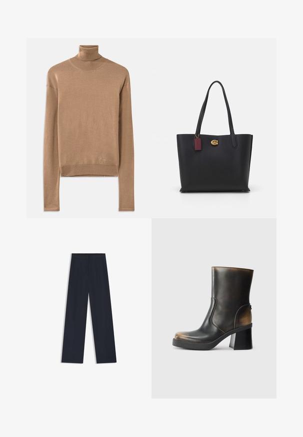 Beige neulepusero, jossa on korkea kaulus, pitkät hihat sekä ribbireunat ja -kaulus. Alhaalla on hillitty logon brodeeraus.; Navy leve vaste lahke hlače z elastičnim pasom, dvema stranskima žepoma in gladko tkano teksturo. Brez vidnih vzorcev ali strojne opreme.; Musta nahkasaapas nilkkapituisena, kiiltävällä pinnalla, pyöreällä kärjellä, kontrastivärisin tan-sävyin, tukevalla korokkeella ja sivuvetoketjuyksityiskohdalla.; Musta nahkainen olkalaukku, jossa on kaksi pitkää kahvaa, teksturoitu pinta, kultaiset varusteet ja viininpunainen tarra. Tilava muotoilu avoimella yläosalla.