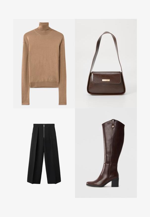 Beige gebreide coltrui met lange mouwen, een ribbelkraag en -zoom, met subtiele logo borduursel dicht bij de onderkant.; Zwarte wijde broek met voorplooien en een zichtbare zilveren ritsluiting aan de taille, vlakke voorkant en zijzakken.; Bruine leren kniehoge laars met een blokhak, een gladde textuur, een ronde neus en decoratieve goudkleurige hardware aan de bovenkant.; Bruine leren schoudertas met een gestructureerde vorm, voorzien van een magnetische klepsluiting en een metallic logoaccent aan de voorkant.