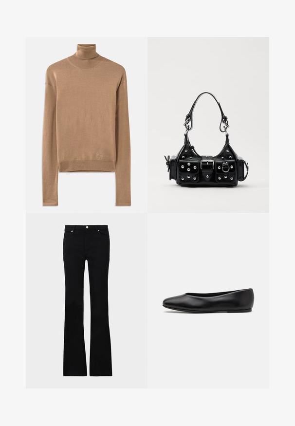 Pull en maille beige à col roulé avec des manches longues, un col et un ourlet côtelés, et un petit logo brodé près du bas.; Jean évasé noir en denim, avec deux poches avant, une fermeture à bouton et une texture lisse. Couture signature visible aux coutures.; Paul Smith TOPANGA - Ballerines - black; Sac à main en cuir noir au design courbé, avec des clous en argent, une boucle et deux poches latérales. Bandoulière réglable pour différentes options de transport.