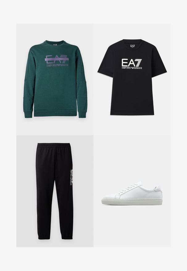 Grønn hettegenser laget av mykt stoff med en lilla grafisk design med "EA7" og "EMPORIO ARMANI" tekst. Ribbestrikkede mansjetter og kant.; Svart t-skjorte laget av bomull, med rund hals og korte ermer. Brodert logo "EA7 EMPORIO ARMANI" i hvitt på forsiden.; Sorte treningsbukser laget av glatt stoff, med elastisk midjebånd og mansjetter, samt en kontrasterende logo trykket på siden.; Hvit sneakers med en glatt skinnoverdel og lav profil. Har en rund tå, seks snøring hull, og en teksturert gummisåle.