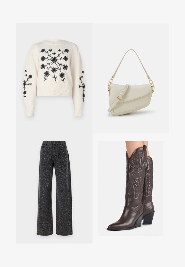 Kreemikas kootud kampsun musta lillepatterniga tikandiga, ümarate kaelustega ja ribakuddedega. Disain sisaldab lillemotive esiosas ja varrukatel.; Noisy May NMJANNEL LOOSE - Avar lõikega teksad - black denim; Pruunid nahast cowboy saapad terava varbaga ja plokk-kandaga, millel on detailne tikand ja kergelt tõstetud aktsendid varrel.; Väike kreemjas käekott tekstureeritud viimistlusega, pikendatav rihm, ketiläbimõõt ja klapiga sulgemine. Kuldsed metalldetailid.; Hõbedased rõngastikkaehingad minimalistlikus disainis. Ümar kuju, sile tekstuur ja õhuke profiil. Kerged ning poleeritud viimistlusega.