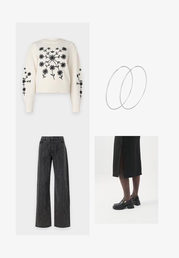 Maglione crema con ricami floreali neri, dotato di scollatura rotonda e polsini a coste. Il design include motivi floreali sulla parte anteriore e sulle maniche.; Noisy May NMJANNEL LOOSE - Jeans baggy - black denim; Scarpe in pelle nera con punta arrotondata, tacco spesso a blocco e accenti laterali in elastico, abbinate a collant scuri e una gonna nera con uno spacco.; Orecchini a cerchio in argento con un design minimalista. Forma circolare, superficie liscia e profilo sottile. Leggeri con una finitura lucida.