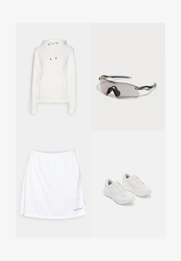 Peak Performance ORIGINAL SMALL LOGO - Kapuzenpullover - offwhite; Weiße sportliche Skirt mit einer glatten Textur, einem breiten Bund und einem Logo in der unteren rechten Ecke. Verfügt über eine lockere Passform für Komfort.; Weiße Sportschuhe mit einem Obermaterial aus Mesh, verstärkter Zehenpartie, dickem gepolstertem Sohlen und strukturiertem Profil für besseren Halt.; Sonnenbrille mit einem durchscheinenden grauen Rahmen, getönten Gläsern und angularer Form. Verfügt über ein markantes Nasenteil und strukturierte, dunkelgraue Bügel.