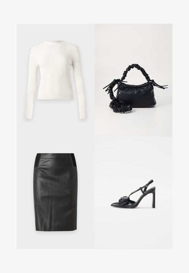 Pull à col rond à manches longues en maille côtelée blanche avec une coupe ajustée et un ourlet droit, présenté sur un fond uni.; Jupe crayon en cuir noir avec une coupe ajustée, texture lisse et accents de ceinture élastique de chaque côté. Ourlet plat en bas.; Chaussure noire à talons hauts avec un bout pointu, texture brillante, fines lanières et un détail plissé décoratif à l'avant.; Sac à main en simili cuir noir avec une texture crocodile, un dessus resserré et une sangle froncée. A l'apparence douce et compacte.