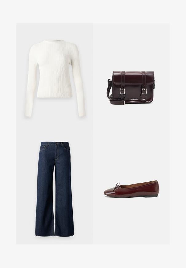 Hvid ribstrikket langærmet sweater med rund hals, slim fit og lige kant, vist på en ensfarvet baggrund.; Bredde ben jeans i mørkeblå denim. Har kontrastsyninger, fem lommer og en knaplukning i taljen. Glat tekstur.; Bordeaux patentlæder balletflad med rund tå, lille sløjfeaccent foran og en lav, sort gummisål. Glat tekstur.; Burgunderfarvet patentlæder crossover taske med rektangulær form, to remme, sølv hardware og flaplukning.