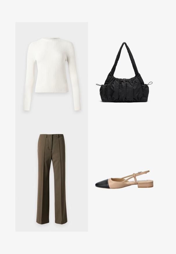 Balta banguota megztinis su ilgomis rankovėmis ir apvali iškirpte, siauras kirpimas ir tiesus apatinis kraštas, rodomas ant vienodo fono.; Rudos pritaikyti kelnių su tiesiu siluetu, klostuotais priekiais ir klasikine juosmena. Pagaminti iš lygaus audinio su rafinuotu apdailu.; Kreminė ir juoda dviejų tonų slingback avalynė su smailiu pirštu, plokščiu kulnu ir kryžminiu dirželiu. Lygaus odos paviršius.; Juodas audinio rankinukas su suraizgytu tekstūru, dviem petinėmis rankenomis ir raišteliu šonuose. Sklandus, lengvas audinys.