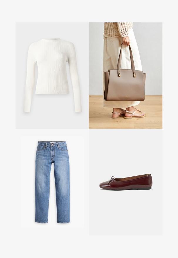 Balts ribots adīts garais piedurkņu krekls ar apaļu kakla izgriezumu, ar šauru piegriezumu un taisnu apakšmalu, prezentēts uz vienkrāsaina fona.; Gaiši zili džinsi ar taisnu kāju piegriezumu, pieciem kabatām un rāvējslēdzēja aizdari. Audums ir ar klasiski teksturētu apdari un nedaudz izbalējis.; Burgundijas laku ādas baleta kurpes ar noapaļotu purngalu, nelielu loku akcentu priekšā un zemu melnu gumijas zoli. Gluda tekstūra.; Brūns sintētisks rokassomas modelis ar divām garām rokturēm, kvadrātiskām metalizētām akcentiem un diskrētu logotipu. Valkāts ar gaismas krēma svārkiem un sandālēm.