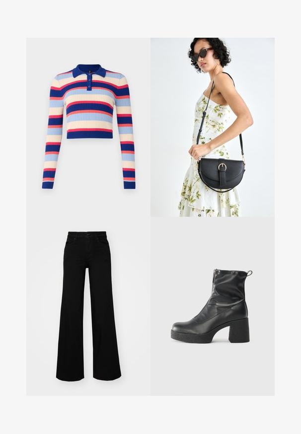 Ribbede, korte polo-sweater med lange ermer som har horisontale striper i blått, kremfarge, rosa og rødt. Fire-knapps lukking ved kragen.; Svart vide bukser laget av denim, med en strukturert midjebånd, beltestropper og frontlommer. Glatt tekstur med et klassisk design.; Svarte ankelstøvler laget av glatt lær, med glidelås på siden, chunky strukturert hæl, og rund tå-design.; Svart lærveske med en buet form, avtagbar stropp og gullbeslag. Vesken har et klaff med spenne-detall.